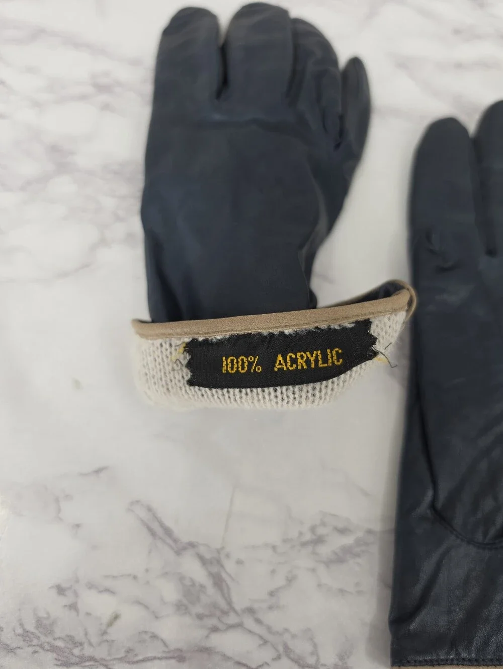 Vintage Navy Leather Short Driving Gloves with Taupe Button Detail and Trim